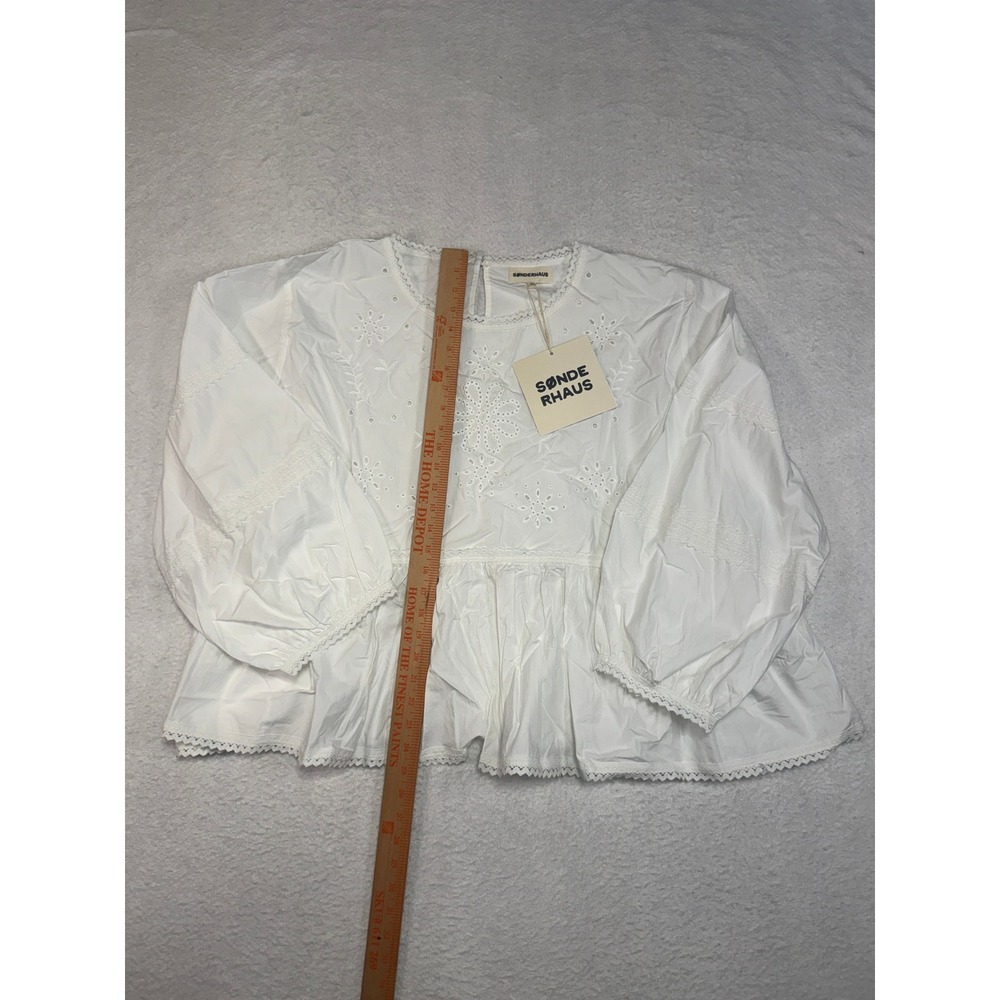 Sonderhaus White Cotton Eyelet Peplum Blouse Lace Trim Long Sleeve Top 2XL NEW - Picture 2 of 7